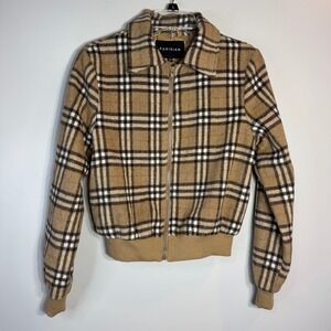 PARISIAN Plaid Flannel Bomber Jacket Womens 4 Tan White Zip Up Casual Retro Chic